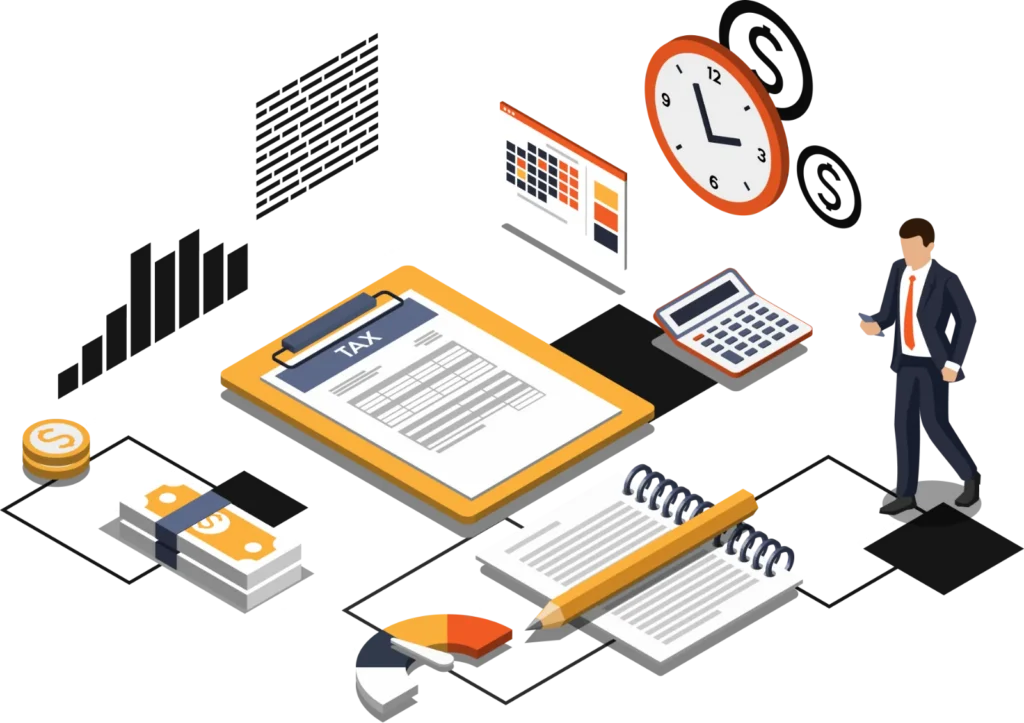 Illustration of tax documents, calculator, clock, charts, cash, and a businessperson, representing financial planning and tax preparation tasks.