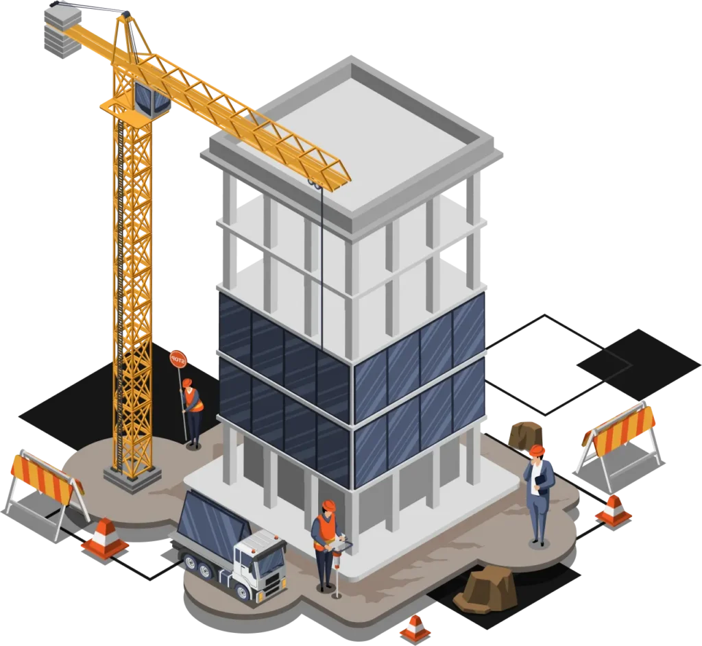 Illustration of a construction site with a crane, partially built multi-story building, construction workers, barriers, and equipment.