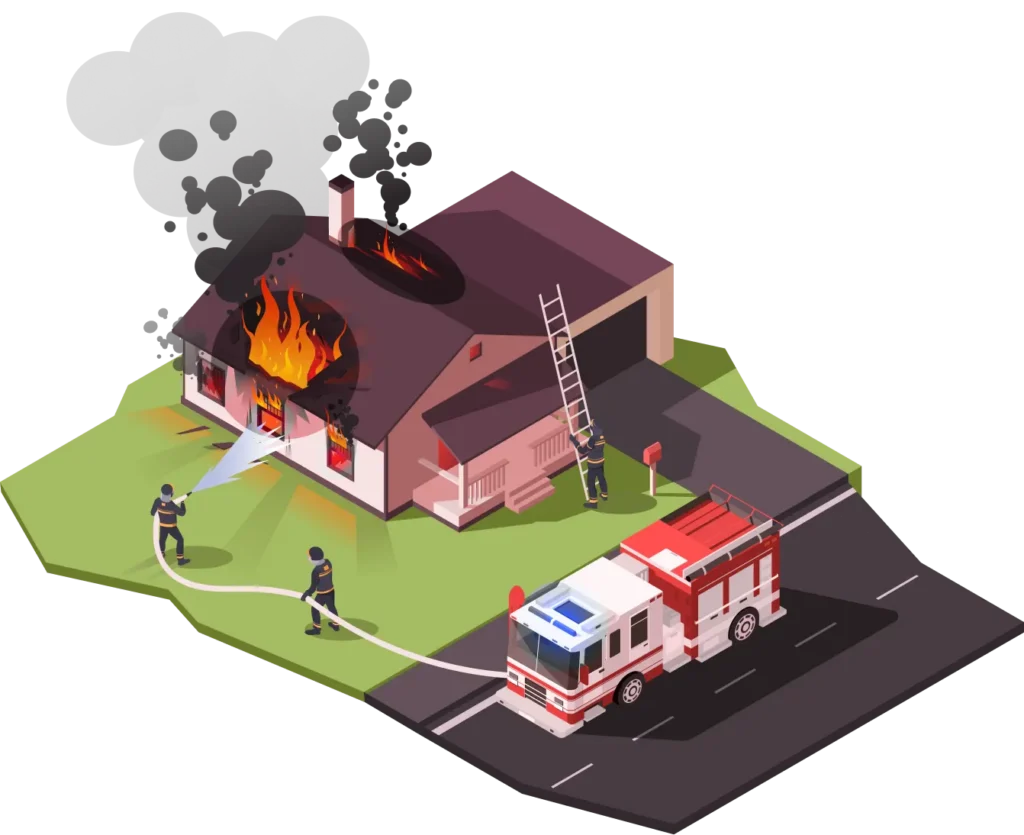 A house is on fire with smoke and flames visible; firefighters use hoses to extinguish the blaze while a fire truck is parked nearby.