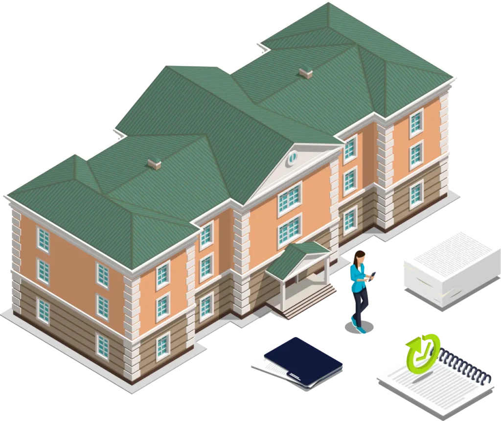 Illustration of a large, brick building with a green roof, a person standing outside using a tablet, and office supplies like a binder, notebook, and a file box nearby.