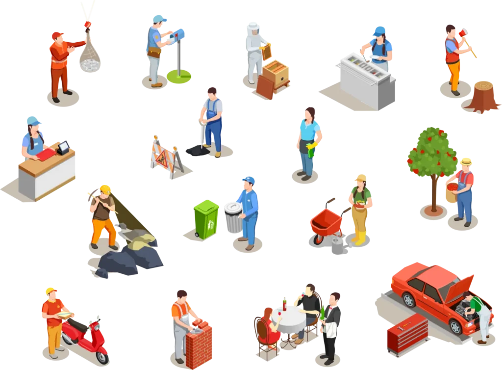 Isometric illustration showing various people performing different jobs, including construction, retail, food service, gardening, cleaning, delivery, and auto repair.