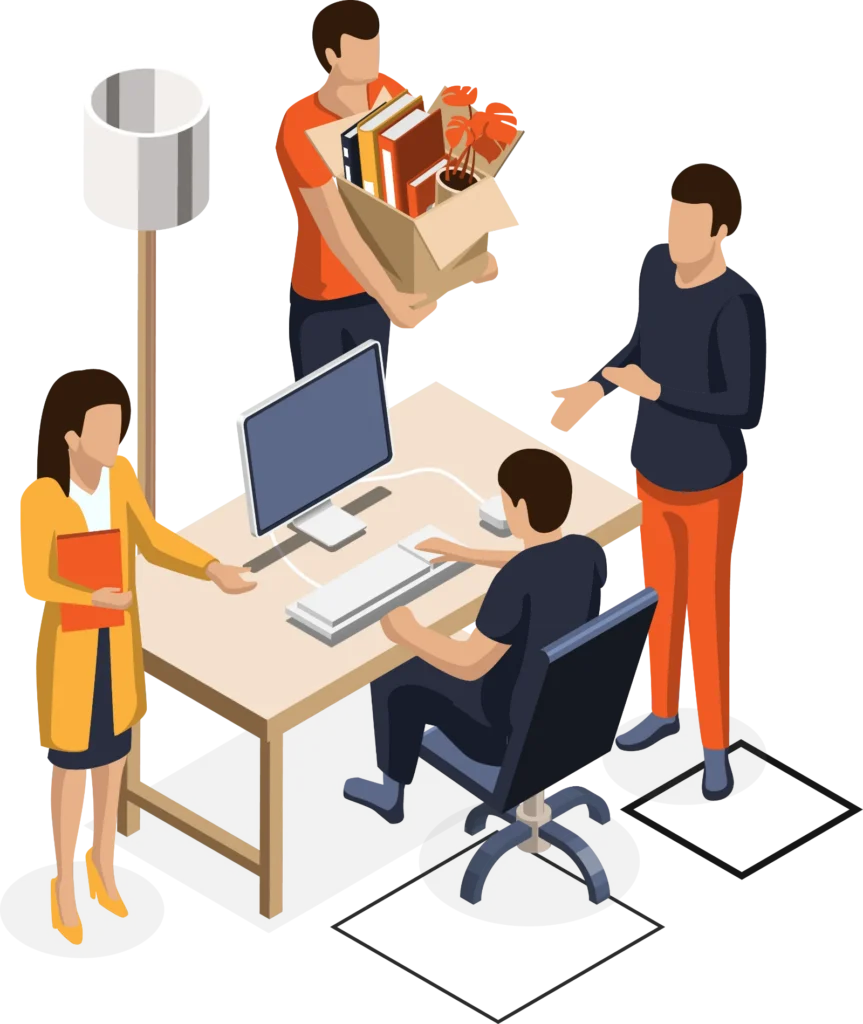 Four people in an office; one is unpacking a box of items, another is seated at a computer, while two others stand nearby, one holding a folder and the other gesturing.