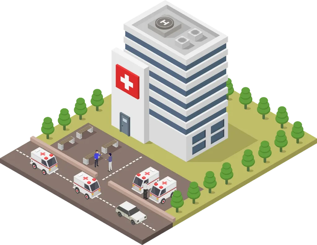 Isometric illustration of a hospital building with a red cross, three ambulances, a car, people outside, trees, and benches in the surrounding area.