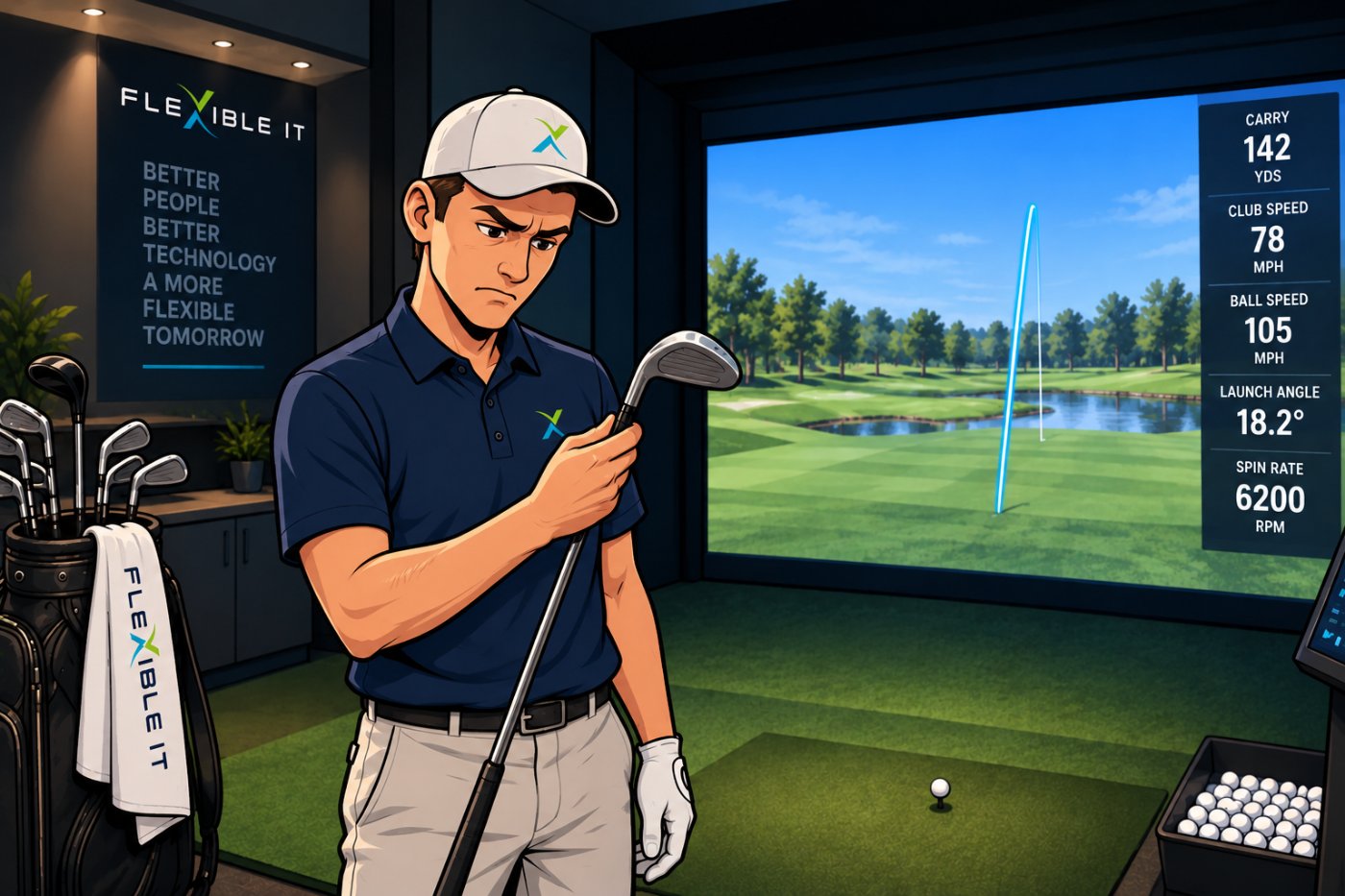 Golfer in a fitting bay holding an iron while a launch monitor displays carry, club speed, ball speed, launch angle and spin rate