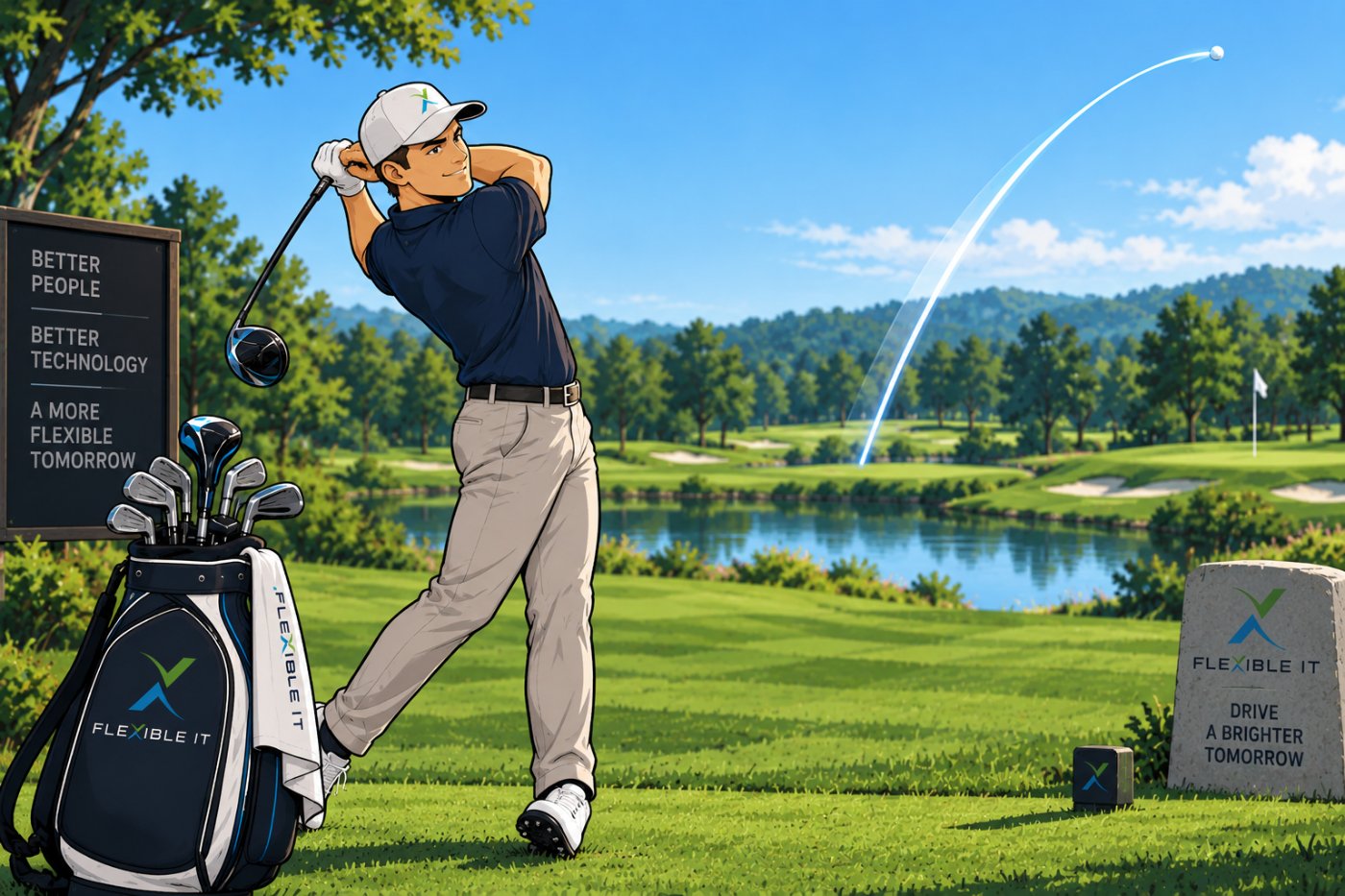 Golfer following through on a tee shot with the ball in flight, beside a Flexible IT bag and a board reading Better People, Better Technology, A More Flexible Tomorrow